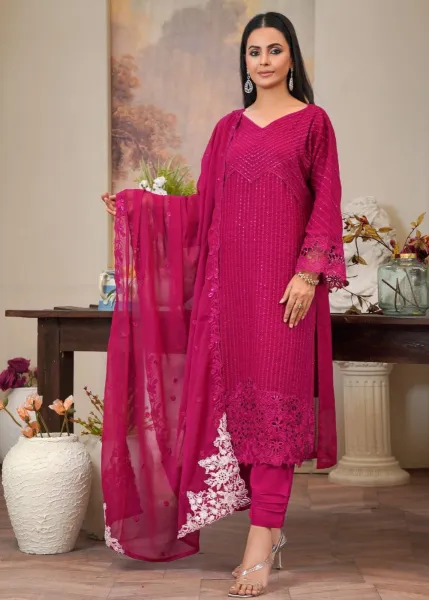 Pakistani Orginal Rangoon Chiffon Stitched 3 Pcs _ Magenta Pink 